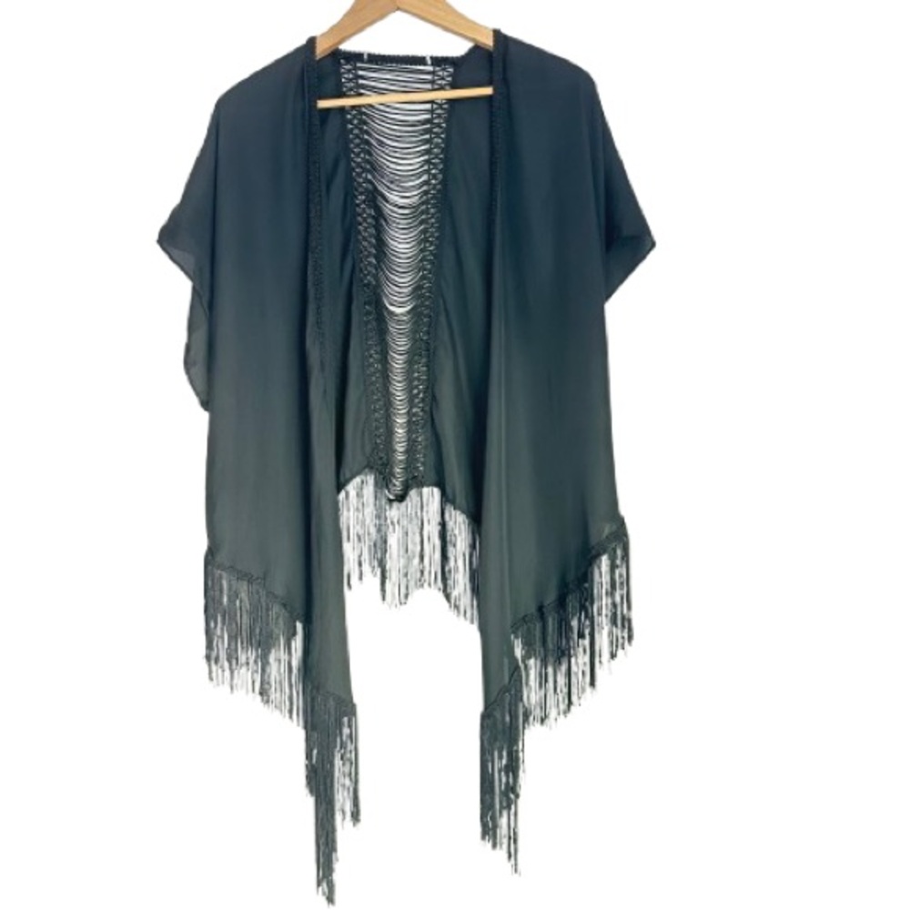 Guess Womens Rare Y2K Black Fringe Kimono Cardigan Crochet Caged Sheer Size OS